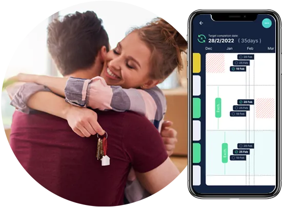 personal estate agent using Rello's sales progression app and services to satisfy home buyers in the UK | Image: Young home buyers embrace after completing their home purchase.