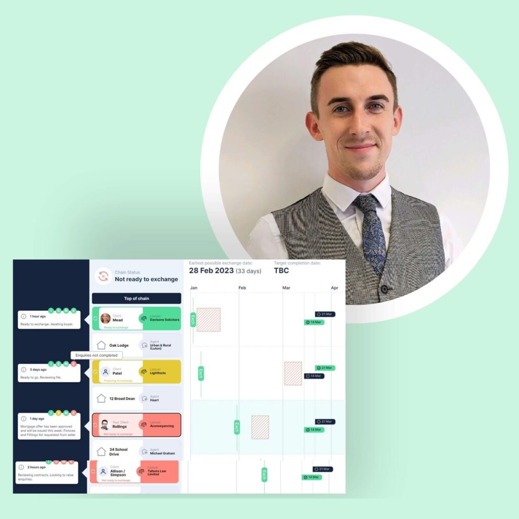 Image of sales progression software demo with estate agency owner pictured in behind a mint green background