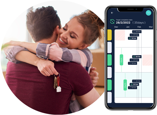personal estate agent using Rello's sales progression app and services to satisfy home buyers in the UK | Image: Young home buyers embrace after completing their home purchase.
